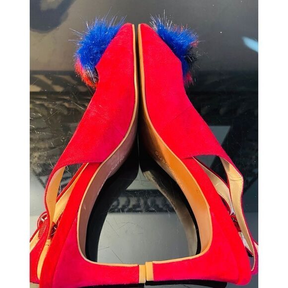 Franco Sarto Suede Slingback Heels Size 8.5 M NWT 3" Heel Red With Faux Fur Poof - Picture 10 of 11